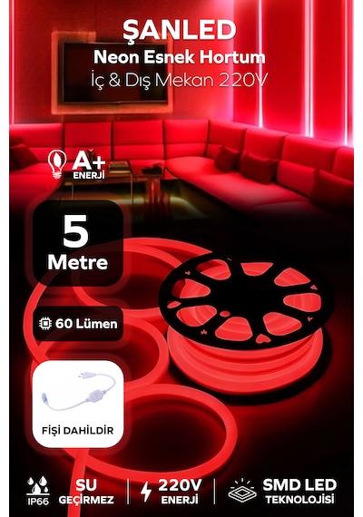 Neon Esnek Hortum Şerit Led Kırmızı Rengi 220v Fiş/1,2,3,4,5,10,15,20,25,30,50,100 Metre 5 Metre