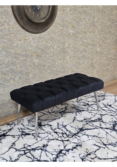Zafir Krom Kaplama Sivriltme Ayaklı 90 Cm Puf Bench - Puf - Bench - Kasalı Oturak - Oturak - Yatak Ucu Puf Siyah