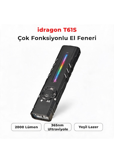 İdragon T61s Çok Fonksiyonlu Mıknatıslı Uv Ve Yeşil Lazerli Edc El Feneri - 2000 Lümen, Rgb Işıklı, Type-c Şarjlı Taktiksel Kamp Feneri Çok Renkli