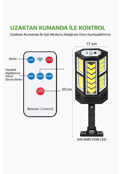 249 Led Solar Aydınlatma Lamba Kumandalı Hareket Sensorlu Dış Mekan Bahçe Teras Ip65 Su Geçirmez 1