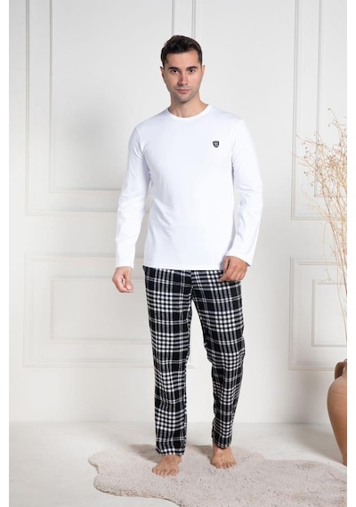 Mecit Pijama Mecit 3082 Erkek Beyaz Ekoseli Büyük Beden Pijama Takımı Beyaz