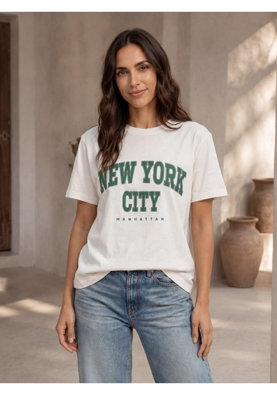 Nealirsanall.com Kadın Ekru New York City Baskılı Oversize T-shirt - Kolej Tarzı Tişört