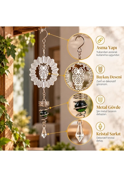Baykuş Desenli Dekoratif Rüzgar Çanı 36 Cm Metal Gövdeli Kristal Sarkıtlı Balkon Bahçe Pencere Süsü
