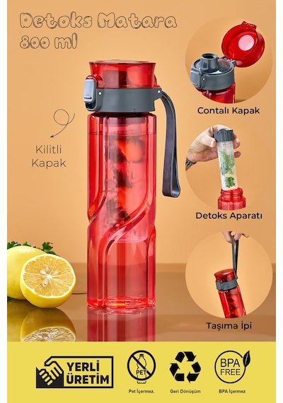 800 Ml Detoks Su Matarası Suluk Pipetli , Bpa Sız, Kilitli Ve Sızdırmaz Kapak - Kırmızı Kırmızı