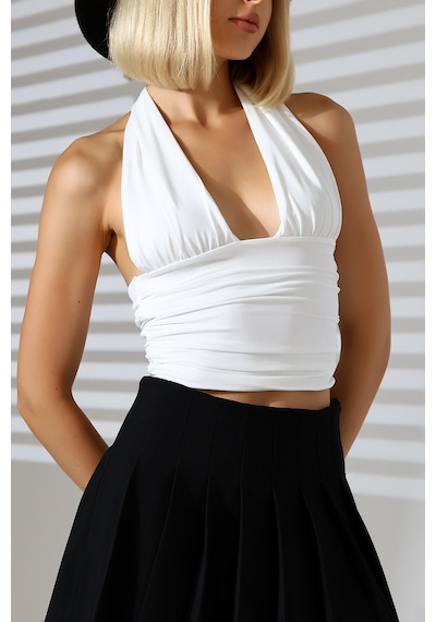 Winmoda34 Kadın Boyundan Bağlamalı Göğüs Ve Sırt Dekolteli Bluz BEYAZ