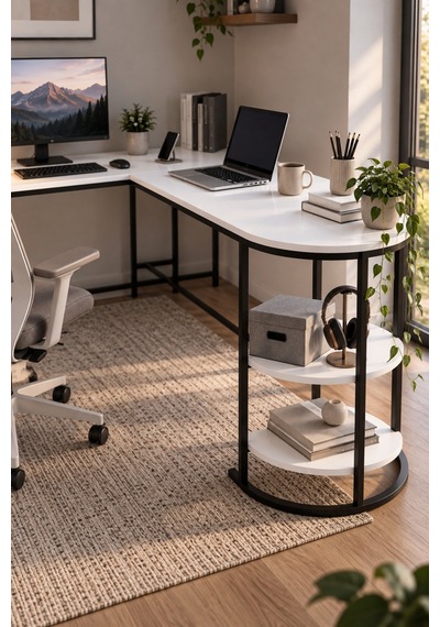 Sulorahome Tipi Köşe Çalışma Masası 2 Raflı Beyaz