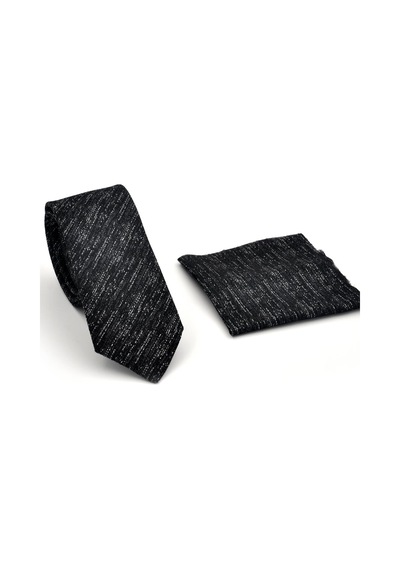 Gaffy Füme Gri Kırcıl Desenli Siyah Dokuma Kumaş Mendilli Slim Fit Kravat // Sdk230918 Gri - Siyah