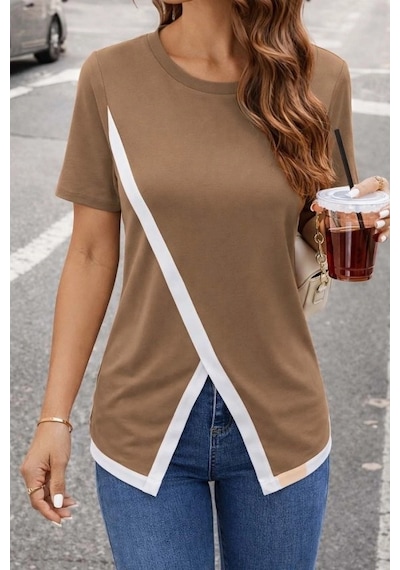 Defymoda Kadın Kısa Kollu Bisiklet Yaka Viskon Bluz Sütlü Kahve