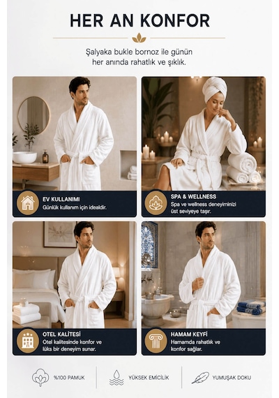 Tek Kişilik Banyo Bornozu %100 Pamuk Şalyaka Bukle Perla Collection Beyaz