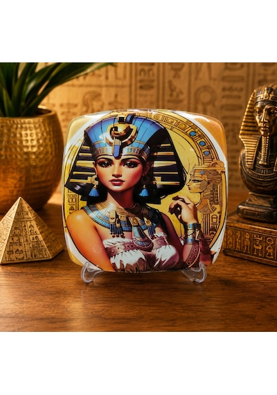 Kleopatra Figürlü Cam Masaüstü Dekoratif Tabak - Antik Mısır Temalı Süs - 22x22 Cm
