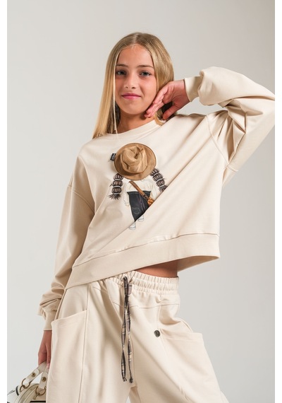 Loco Loco Bej Baskılı Şapka Aksesuarlı Çocuk Sweatshirt