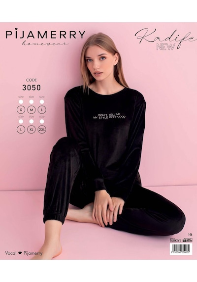 Pijamerry Kadın Kışlık Bisiklet Yaka Kadife Pijama Takımı 3050s - 1 Adet Siyah