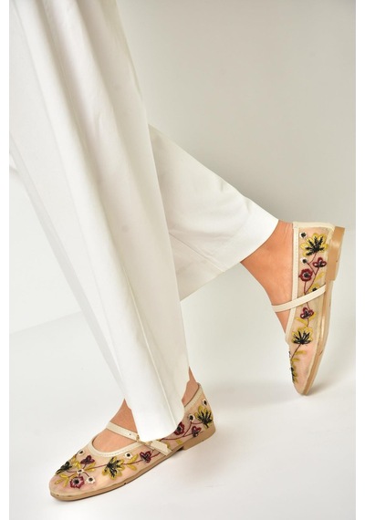 Fox Shoes U267853215 Bej File Çiçek Motifli Kadın Babet Bej-file Bej
