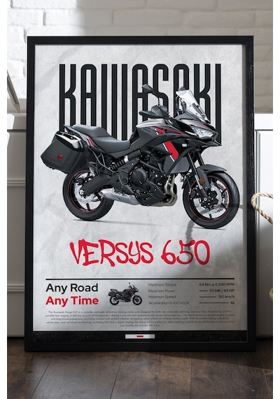 Kawasaki Versys 650 Siyah Ahşap Çerçeveli Poster, Dekoratif Motosiklet Duvar Tablosu