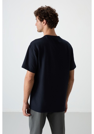 Air Jones Tommy Life Lacivert Waffle İnterlok Yüzeyi Dokulu Oversize Fit Basic Erkek T-shirt - 88379 Lacivert