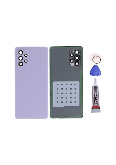 Samsung A72 Kamera Camlı Mor Uyumlu Arka Kapak Batarya Kapağı Pil Kapağı Yapışkan Ve Sökme Aparatıyla Beraber Full Set Mor