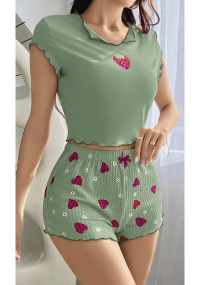 Findit Yeşil Çilek Desenli Askılı Şortlu Pijama Takım Yeşil