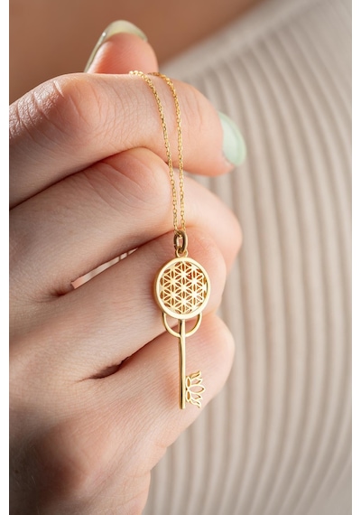 925 Ayar Gümüş Gold Kaplama Lotus Çiçeği Detaylı Anahtar Kolye Gold