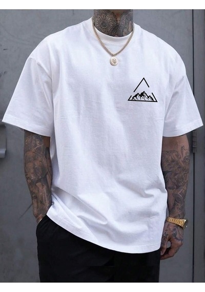 Üçgen Dağ T-shirt - Beyaz Baskılı Oversize Bisiklet Yaka Kısa Kol Tişört Beyaz