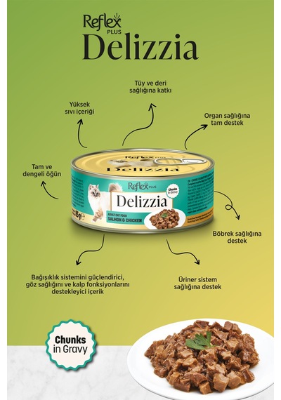 Reflex Plus Plus Delizzia / Sos İçinde Parça Etli Somonlu & Tavuklu Yetişkin Kedi Maması 85g X 12 Adet
