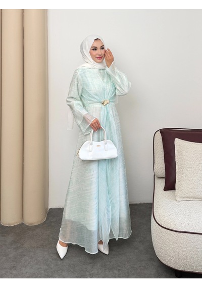 Mihran Butik Silk Model Kemerli Bilek Büzgü Desen Detaylı Kadın Elbise Mint