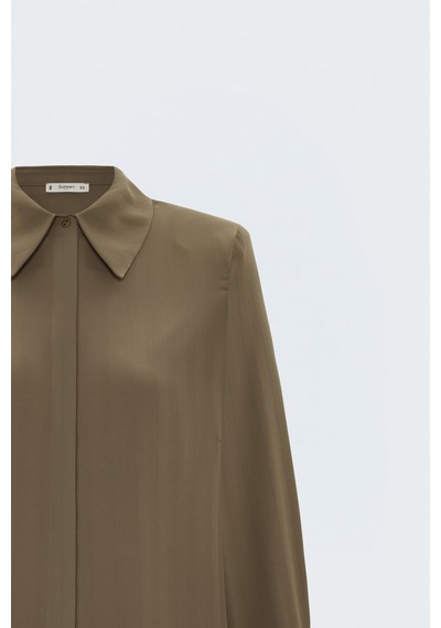 Sateen Çizgi Desenli Gömlek - Sütlü Kahve-137990