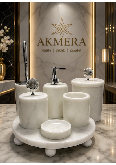 Mermer Top Ayaklı Standlı 7 Parça Lüks Banyo Seti Beyaz