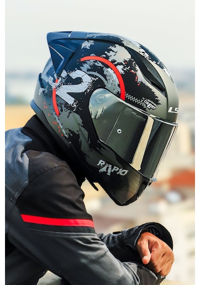 Spoıler Gri Cam + Ls2 Rapid 2 Circle Motosiklet Kaskı Mat Siyah - Kırmızı