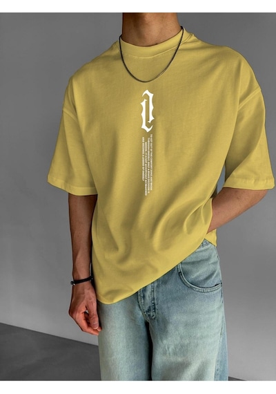 Dik Yazı Baskılı Oversize Tişört Sari