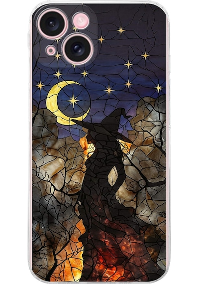 Printify Apple Uyumlu iPhone 15 Plus İle  Vitray Cadı Saati Tasarımlı Şeffaf Silikon Kılıf Şeffaf