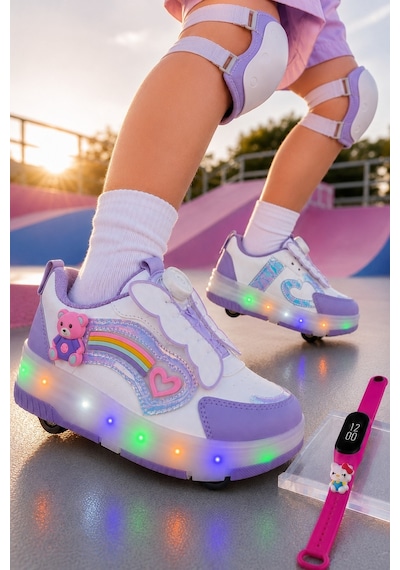 Muggo Colourful Çocuk Işıklı Patenli Tekerlekli Sneaker Spor Ayakkabı Lila