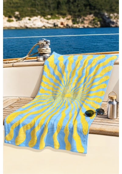 Güneş Temalı Retro Dalga Plaj Havlusu - Mavi Sarı Tropikal Modern Hızlı Kuruyan Mikrofiber Havlu Puslu Rüyası
