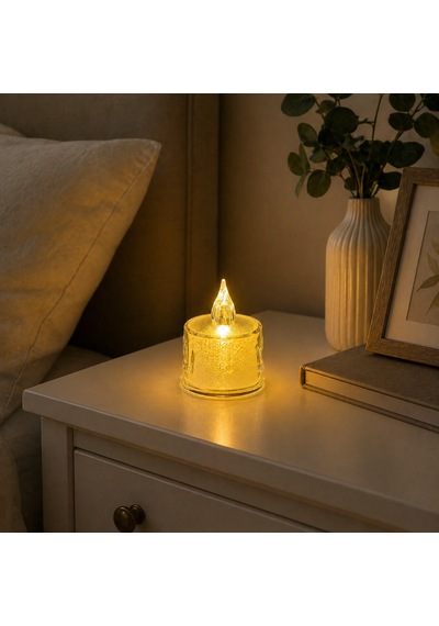 Led Dekoratif Mum Sarı Işık Alev Efektli Tealight Gece Lambası Tekli Beyaz