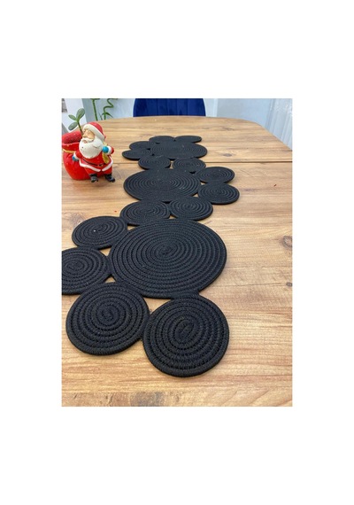 Jüt, Hasır, Dekoratif Masa Örtüsü,papatya Model Runner 40x110 Cm, Sehpa Örtüsü, Bohem Tarzı Siyah Siyah