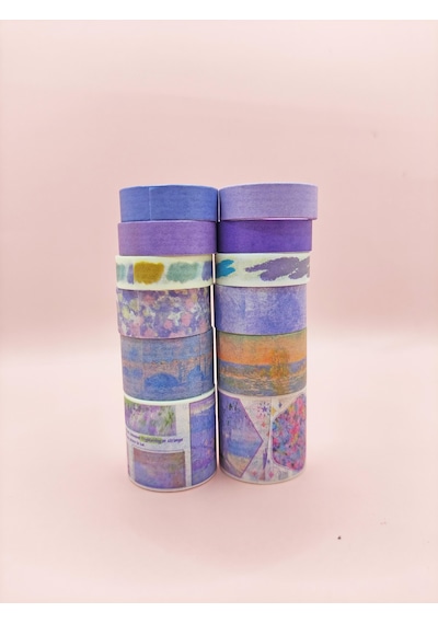 Art Vintage Washi Tape Bant Yapışkanlı Maskeleme Kağıdı Desenli Bant 12'li - Mor Claude Monet Tabloları 1
