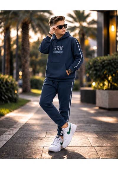 Kokoş Bebe Srv Şerit Detaylı Kapüşonlu Erkek Çocuk Takım - 11/15 Yaş - 31902 Lacivert