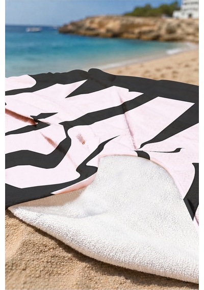 Siyah Pembe Sag Yazı Temalı Plaj Havlusu - Modern Tipografik Tasarım Hızlı Kuruyan Mikrofiber Havlu Mat Rüyası