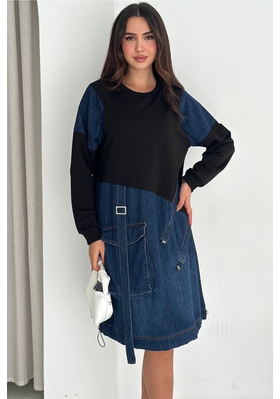 Femelle Kadın Sweat Denim Patchwork Elbise Oversize Cepli Büzgülü %100 Pamuk Spor Elbise Lacivert Femelle Kadın Sweat Denim Patchwork Elbise Oversize Cepli Büzgülü %100 Pamuk Spor Elbise Lacivert