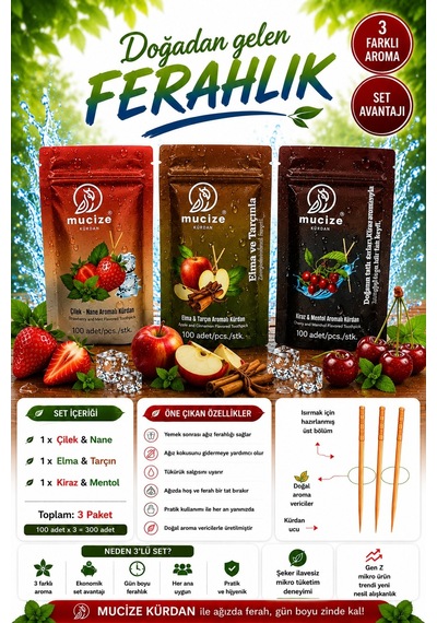Mucize 3lü Set Aromali Kürdan 3 Adet Refill Doypak - Çilek -nane/elma-tarçın/kiraz-mentol