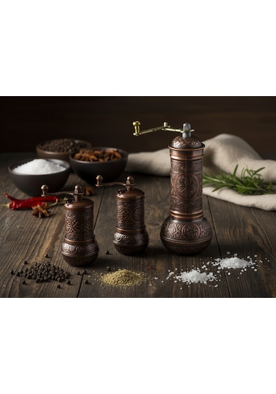 Zamak Metal Bakır Renk 3 Lü Set Karabiber,kahve,çörek Otu El Değirmeni Öğütücü Grinder Bakır