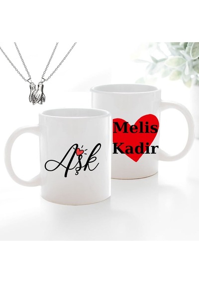 Kişiye Özel İsimli Kupa Bardak Ve Mıknatıslı Çift Kolyesi Seti - Sevgiliye Hediye