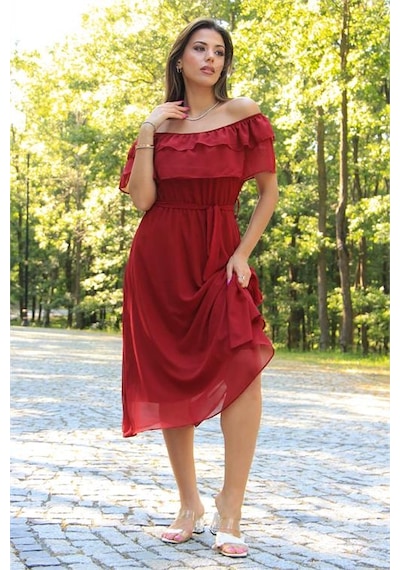 Neşeli Butik Kadın Bağlama Detaylı Madonna Yaka Yeni Sezon Şifon Elbise Nb8060 Bordo