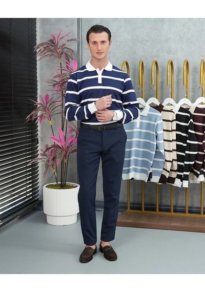 Modefendi Pamuk Likra Slim Fit Örgü Yatay Desen Yaka Şerit Detaylı Polo Yaka Kazak Lacivert Modefendi Pamuk Likra Slim Fit Örgü Yatay Desen Yaka Şerit Detaylı Polo Yaka Kazak Lacivert
