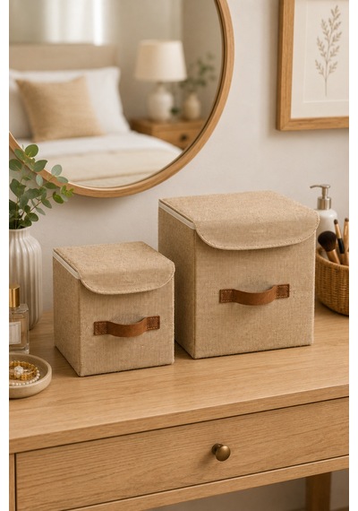 2li Kapaklı Jüt Organizer Kutu Seti 20x20x20 Cm - 25x25x25 Cm Katlanabilir Düzenleme Kutusu Organizer Seti Dolap, Raf Ve Banyo Düzeni İçin Doğal