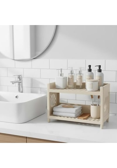 Çok Amaçlı 2 Katlı Organizer Raf Plastik Düzenleyici Stand Banyo, Mutfak, Masaüstü Ve Ofis İçin 25 X 18 Cm Bej 0
