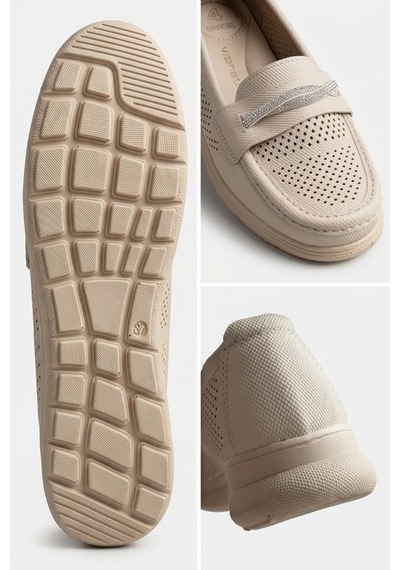 Aura Comfort Ortopedik Tabanlı Işıltı Detaylı Kadın Krem Günlük Casual Loafer Ayakkabı