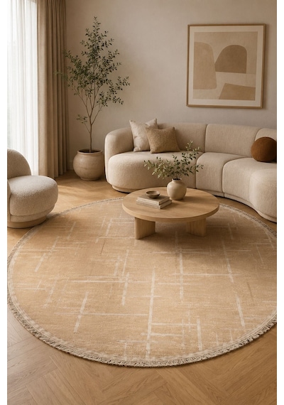 Lotus Bambu Model Altı Kaymaz Yuvarlak Makine Dokuma Halı Krem Çok Renkli