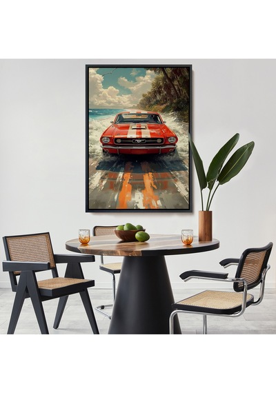 Ahşap Çerçeveli Kırmızı Mustang Tablo-7910
