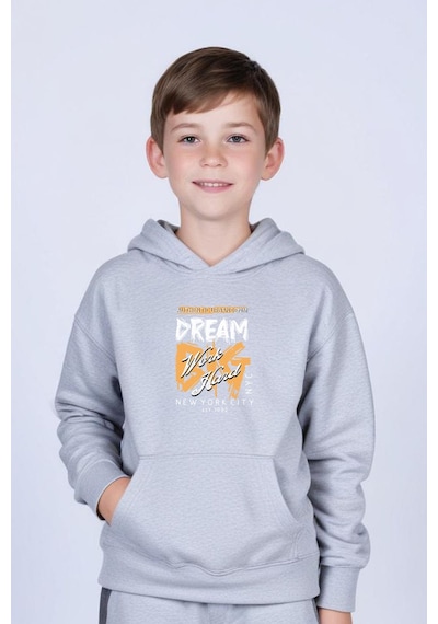 Panios Kids Kapüşonlu Kanguru Cepli Big Dream Baskı Detaylı Erkek Çocuk Sweatshirt Gri