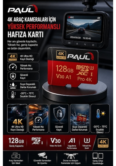 PAUL 128GB Micro SD Hafıza Kartı 4K Ultra HD V30 A1 U3 Yüksek Hızlı MicroSDXC